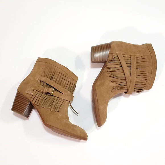 Chico's Shoes - Chico's Tan Suede Fringe Heeled Ankle Boots
